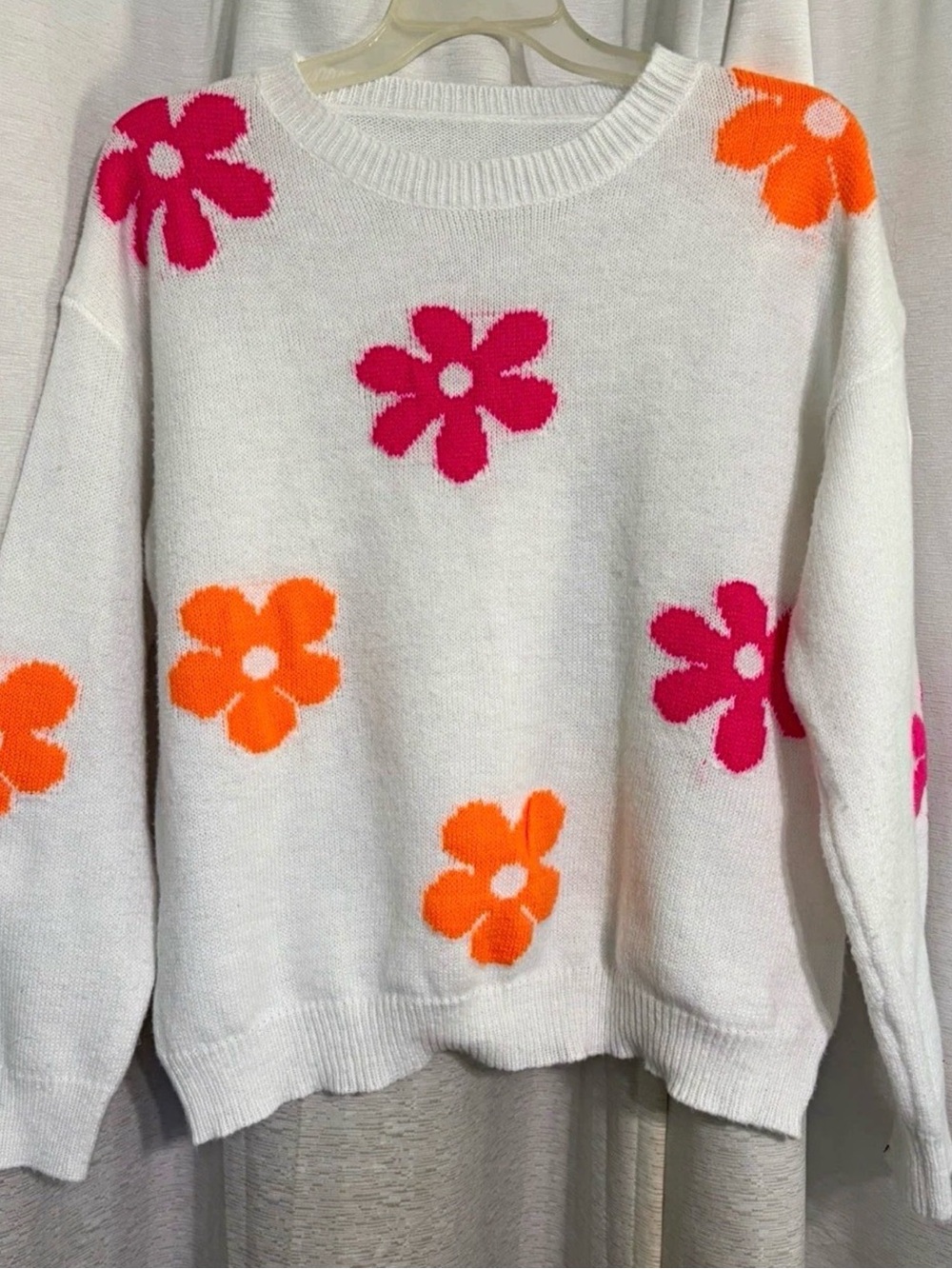 White Floral Knit Sweater with Pink & Orange Flowers